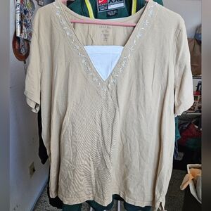 Beige V-Neck Top with Embroidered Detail